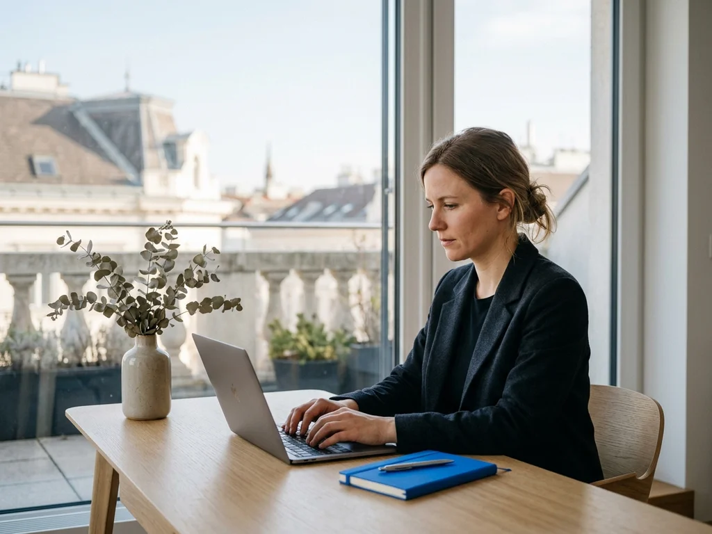 Eine professionelle Webdesignerin in ihrem Wiener Büro gestaltet moderne digitale Lösungen für lokale Unternehmen.