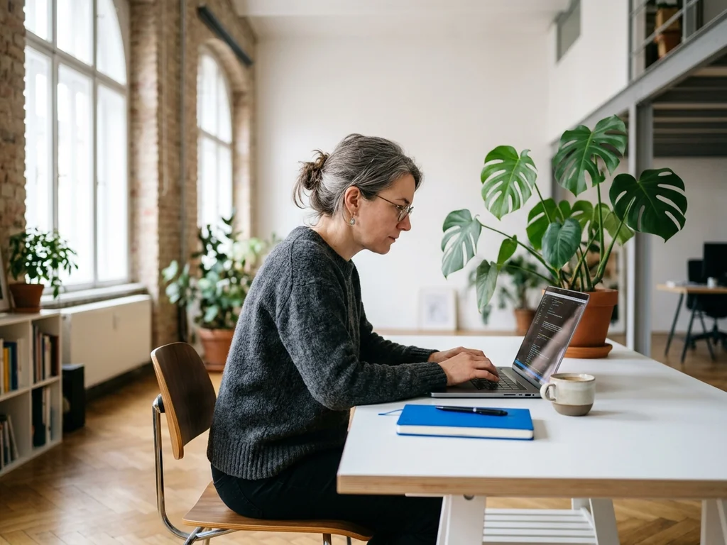 Professionelle WordPress-Entwicklerin in einem hellen Wiener Büro arbeitet konzentriert an einem Webprojekt für Kunden.
